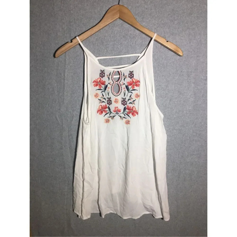 Womens Maurices Tank Top Floral Embroidery Red Pink Caged Back Spring Summer